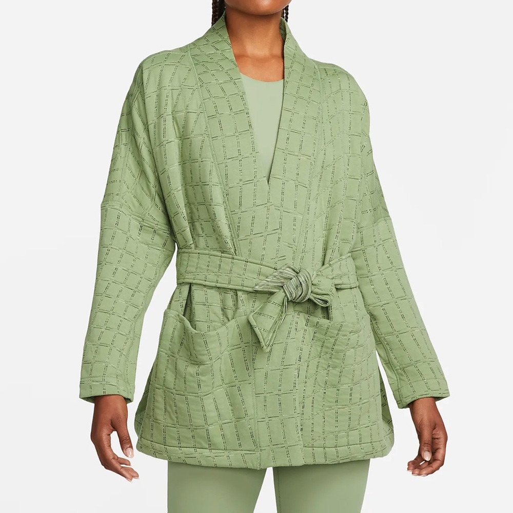 NEW Nike Yoga Therma-FIT Luxe Women's Oil Green Jacquard Wrap Top Size S…